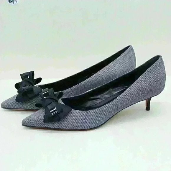 Butter Shoes - Butter Women's Grey/Black Leather Bow Tie Pointed Toe Kitten Heel Shoes Sz US 10